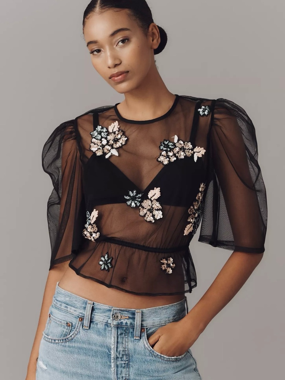 Anthropologie Embellished
Sheer Mesh Top XXS